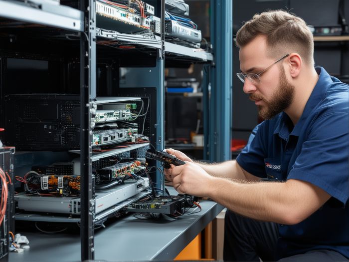 Professional gaming console repair technician working on PlayStation and Xbox systems in modern workshop