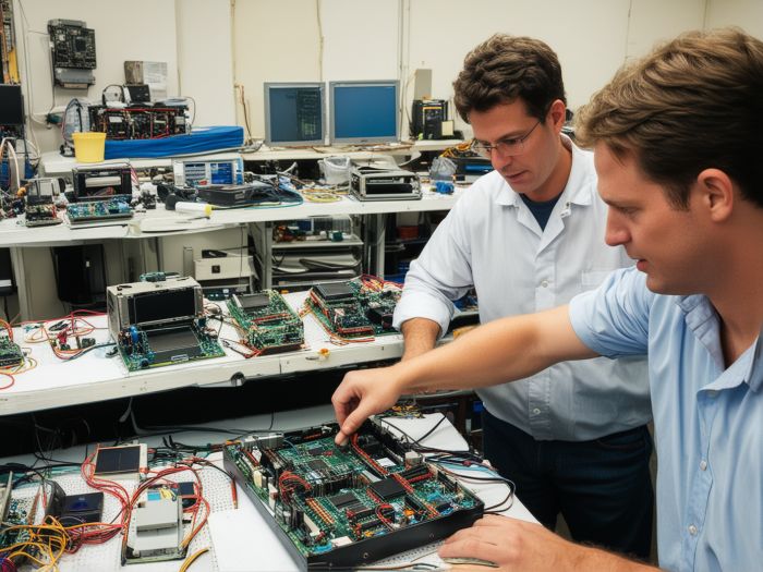 Durham's Electronics professional repair workshop with various repaired electronics