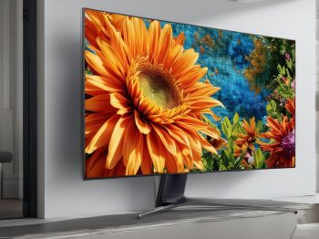 After repair: Samsung QLED TV with perfect display showing clear 4K picture