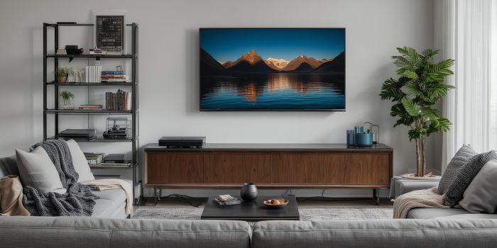 Modern living room with 65 inch Smart TV mounted above premium soundbar