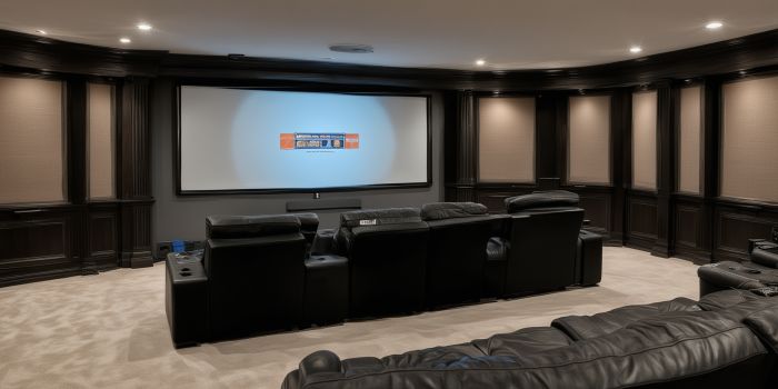 Complete home theater installation with 7.1 surround sound speakers, projector, and receiver