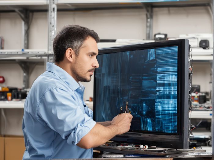 Professional LCD TV repair technician working on television display in modern workshop