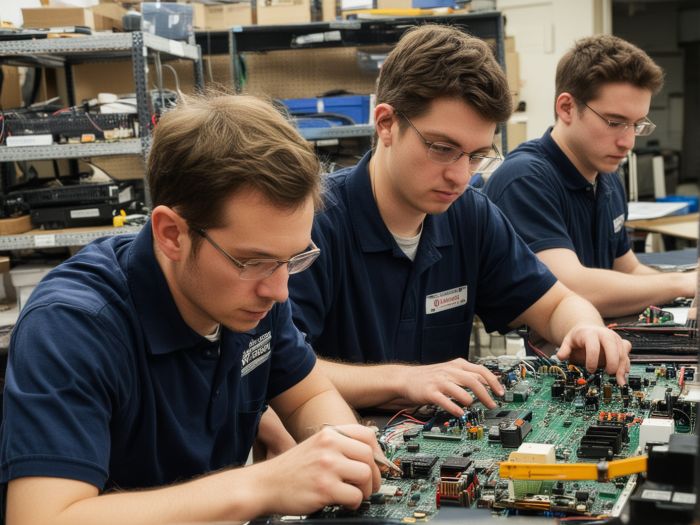 Durham's Electronics team working on electronics repair in professional workshop