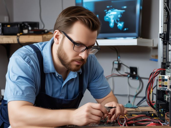 Smart TV repair technician working on internet connectivity and app issues in professional workshop